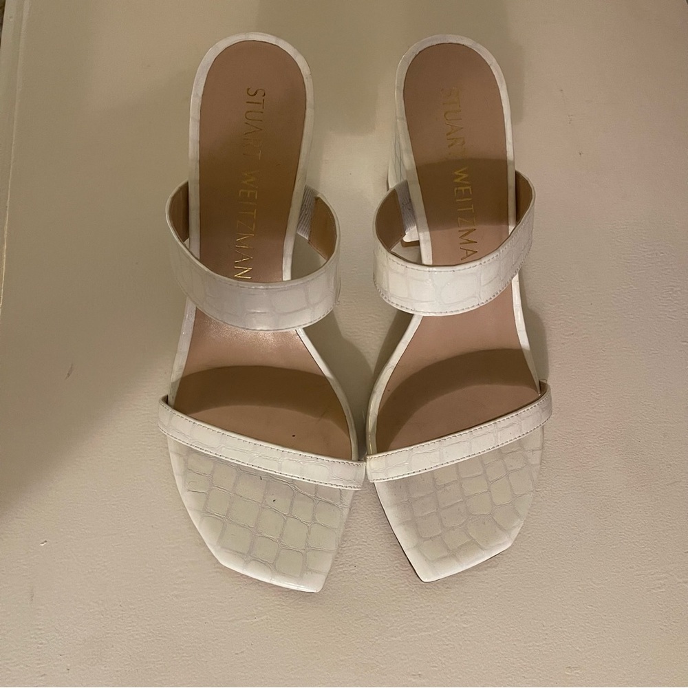Stuart Weitzman White Croc-Embossed Leather Slide Mules